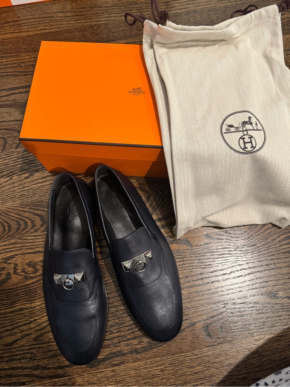Hermes Navy Leather Men’s Loafers with Palladium-Style Hardware